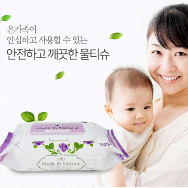 [미미사몰] 깨끗한 물티슈 내츄럴메이드 캡형 100매, 1개, 물티슈 100매 캡형