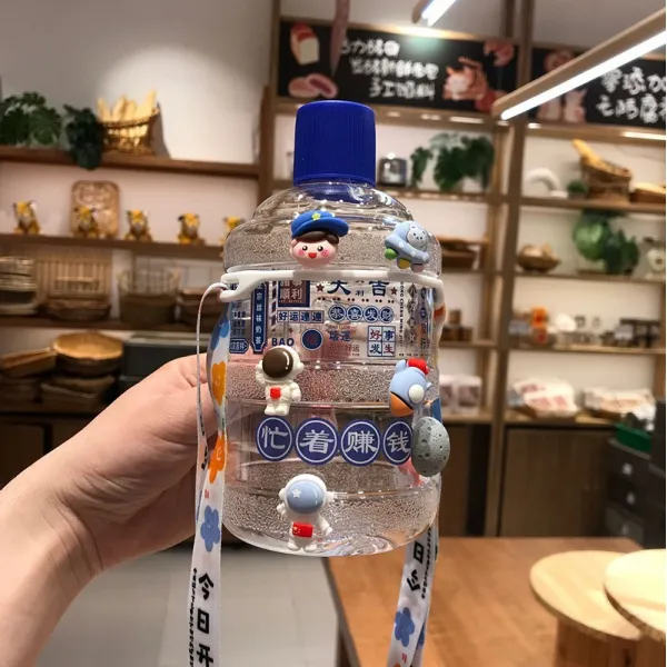 DFMEI 아이디어 러블리 트렌드 개성 미니 물통 플라스틱 컵 남녀 휴대용 랜딩 방지 인스 물컵, DFMEI 파란색은 돈을 벌기 바쁘다. 수제 부품에 어