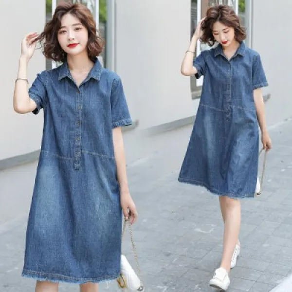 날달여 여성 봄 여름 가을 빅카라 반팔 청 미디 원피스