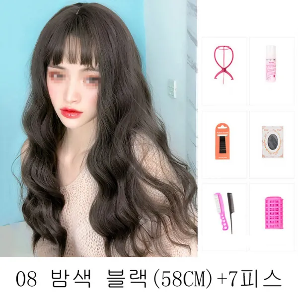 뉴타임즈12 가발 여성 장발 신식 머리끈 긴 웨이브 큰 웨이브 검은 다갈색 양털 웨이브 올레미스트리 QH21 A25, 1세트, 08 밤색 블랙(58CM)+7피스