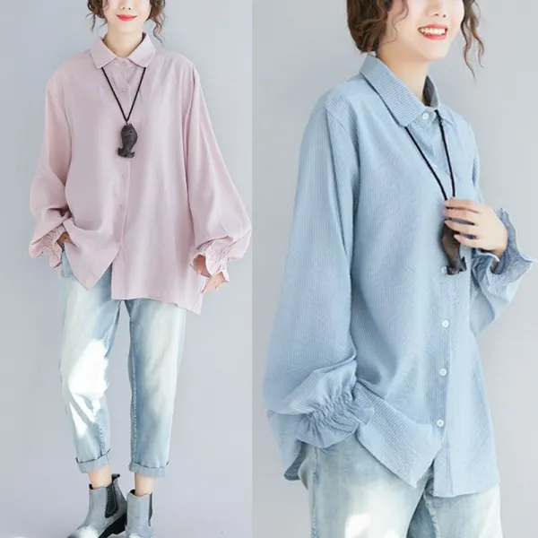 벌룬소매 박시 블라우스 여성 루즈핏 스트라이프 셔츠