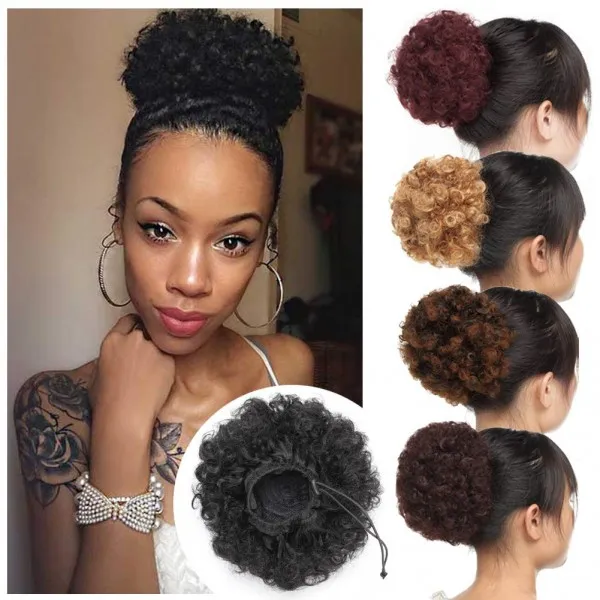 아프리카 계 미국인 여성 다크 어번 2 개 클립 두꺼운 곱슬 코디 updo 무성한 슈슈 헤어 롤빵 확장 아프리카 퍼프 졸라 매는 끈 포니 테일