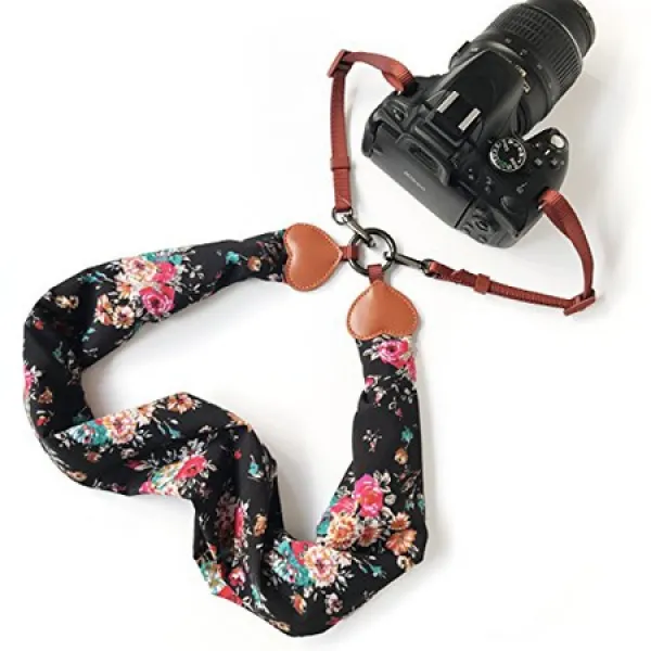 Alled 카메라 스트랩 여성 남성용 소프트 스카프 빈티지 프린트 카메라 스트랩 DSLR SLR Nikon Cano, 스카프 블랙 + 버클