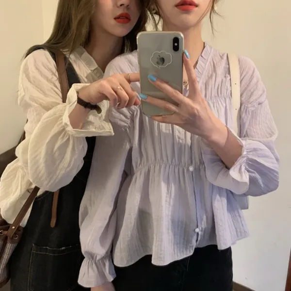 위파인더 봄여름한판초선미 물씬 플레어소매상의 셔링 디자인 쉬폰 블라우스녀