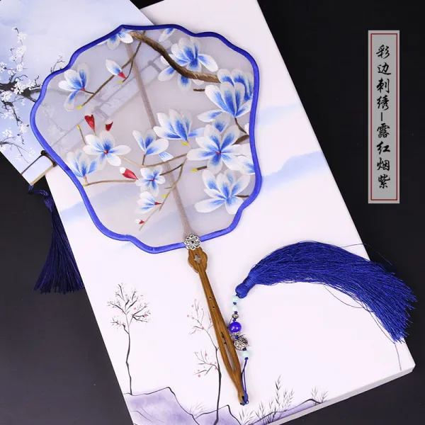 화당소수진사궁선수자수단선중국풍자광단목통병한복선물선, 셀비지 자수 오픈 연기 자색 세트