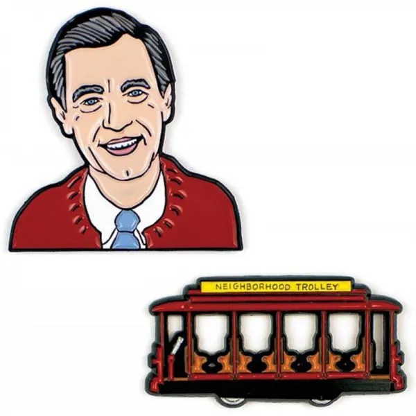 실직자 철학자 길드 미스터 로저스와 트롤리 에나멜 핀 세트 2 개의 고유 한 컬러 금속 옷깃 핀