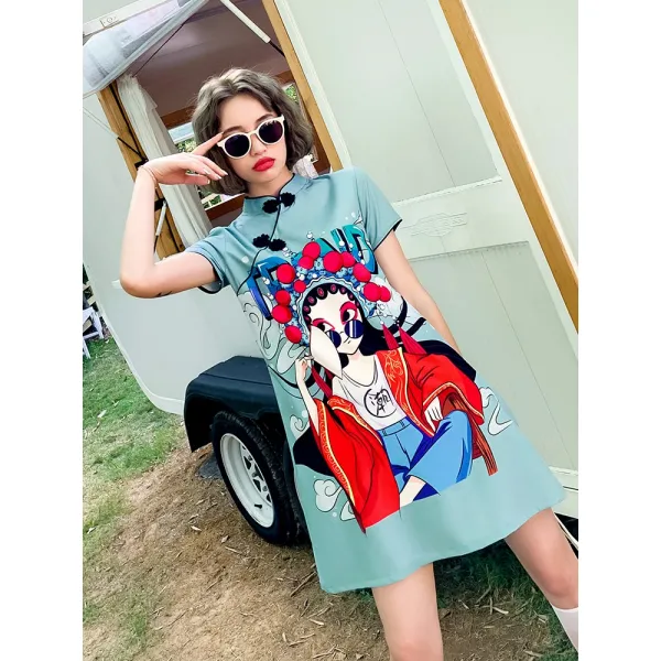로덴인컴 여름원피스패션 치파오 리폼 판 여성 스타일리시 젊은 타입 소녀 차이나 데일리 와이드 루즈핏 배가리기 빅사이즈