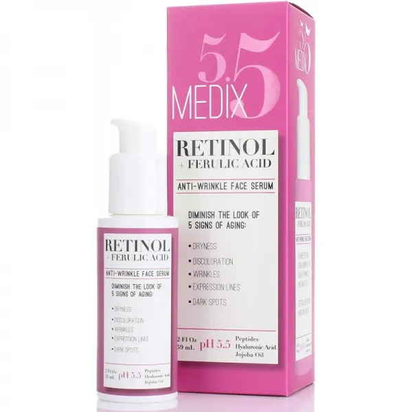 주름 발현 라인 다크 스팟 및 건성 피부를위한 Medix 5.5 레티놀 세럼. 페룰 산 히알루 론산 호호바, 1