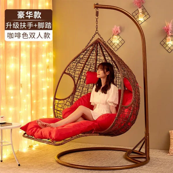 행잉체어 발리그네의자 스윙 매 바구니 고리 버들 의자 홈 레저 실내 발코니 흔들 의자, 더블 커피-럭셔리 (업그레이드 팔걸이 + 페달)