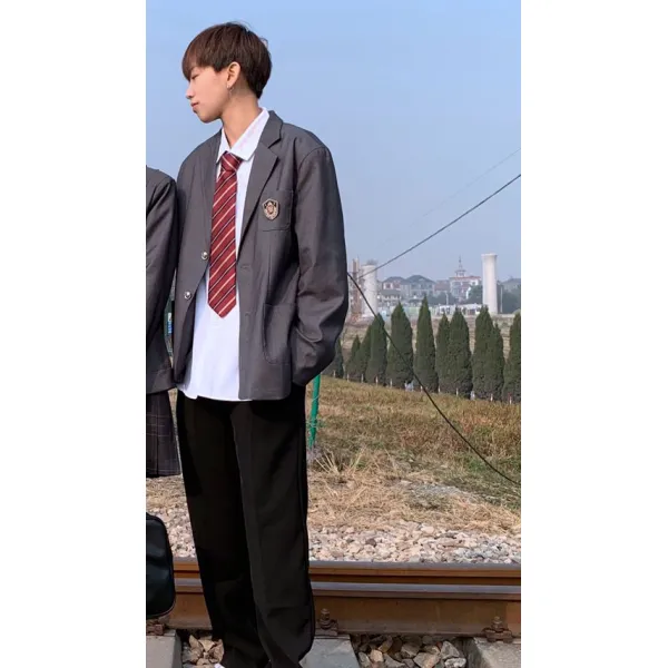 박시코트 커플 JK 셋업 DK 유니폼 남성 학교를 졸업했다 부제 바치다 교복 뱃지 자수 봄가을 트렌드 4900640565