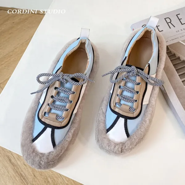 플랫슈즈 독자적 디자인 ~ 램스울 가죽 털달린 털신 가을겨울 플랫 로퍼신발 배색 끈허리띠