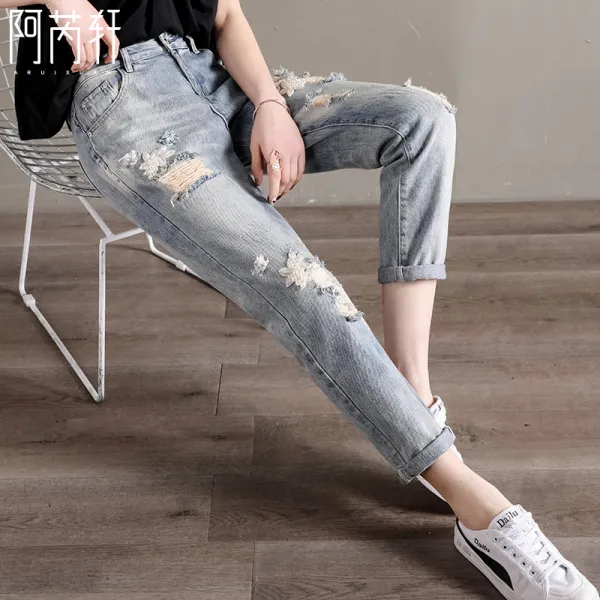 러블리우먼할란 청바지 여성 높은 허리 2019 봄과 가을 새로운 복고풍 자수 느슨한 얇은 구멍 오래된 무 바지 조류_24477 168 