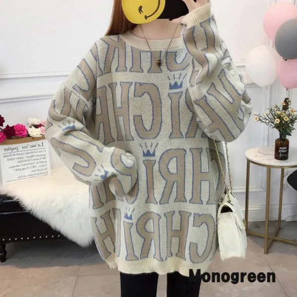 모노그린 레터링 라운드넥 루즈핏 니트 스웨터 티셔츠 빅사이즈 Tob10134