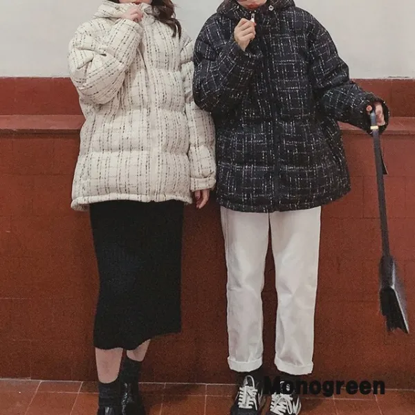 모노그린 체크 루즈핏 캐주얼 후드 롱 패딩 점퍼 자켓 빅사이즈 아우터 TSSDR74