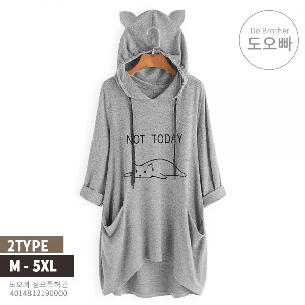 도오빠 여자 후드티 루즈핏 고양이 티셔츠 홈웨어 풀오버 니트 대형 플러스 빅사이즈 중년 봄 가을 여름 직장인 여성후드티
