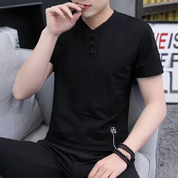 남자모시메리 여름면 남성 당대전통의상 복고 한나라의복 마고자 세트포장 비스코스 중식 땀받이셔츠 반바지 202 블랙 반소매 일 중항 