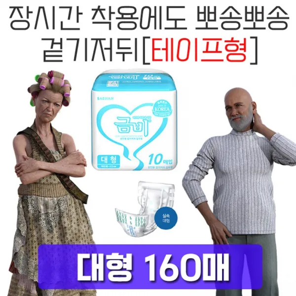 다유몰_매일매일 보편적으로 사용되는 성인용 겉기저귀 160매 요양병원 실버용품 병간호용품 실버기저귀 요실금기저귀+EKDBAHF, 다유*실속 대형 1박스, (10매x16팩)