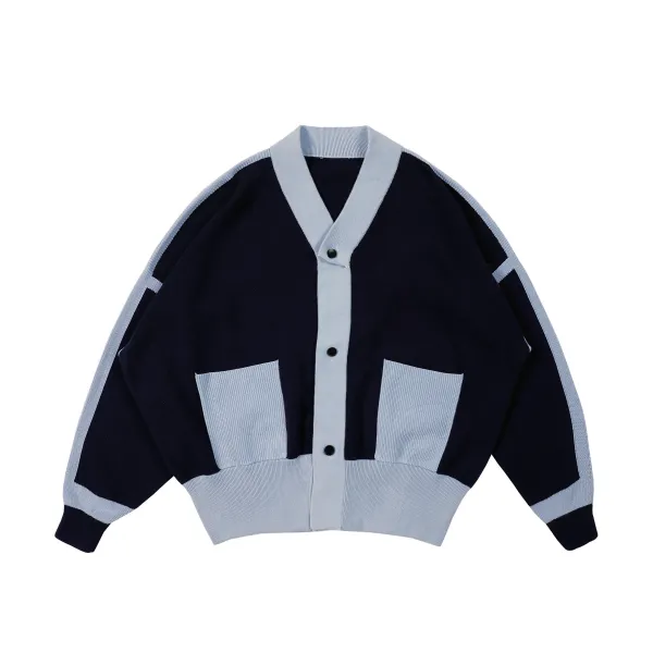 니트가디건 아우터 FMACMAW 블루 계 패치워크 두꺼운 스웨터 남자 털실 코트