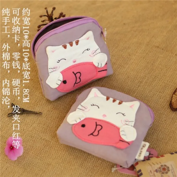 [해외]여성가방 귀여운 고양이 지퍼 멀티 그리드 레이어 변경 키 케이스 캔버스 예술 소녀 미니 동전 지갑 휴대용의 짧은 섹션