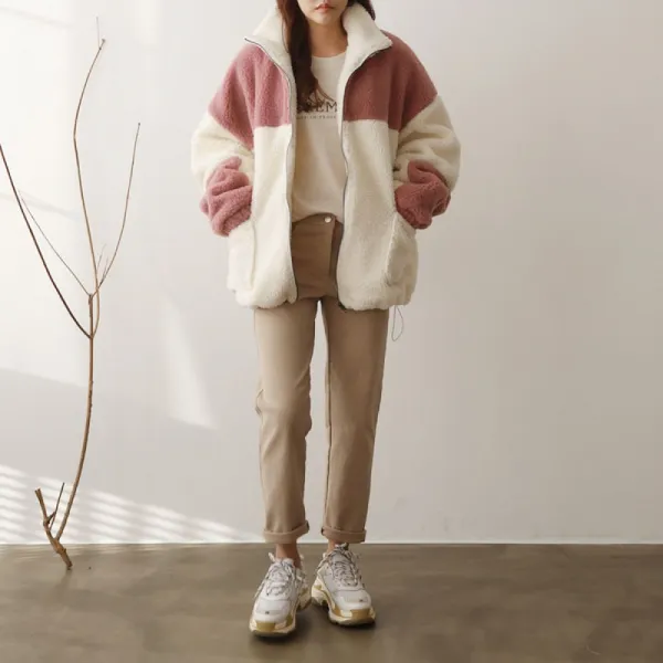 투톤 뽀글이 집업 1044503 캐주얼 Black OUTER 울자켓 아이보리 Ivory 블랙 모직