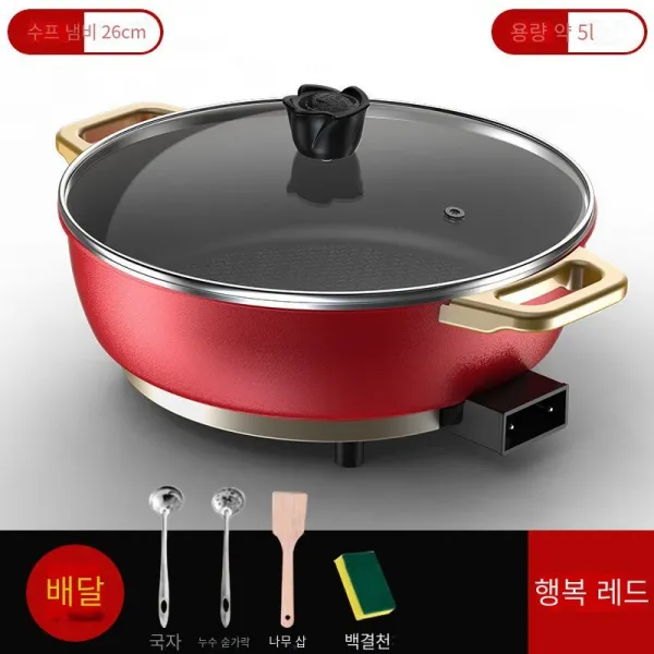 원앙솥 샤브샤브 솥 가정용 전기 냄비 다기능 찜질 프라이 볶다 안 붙다 솥 전용 일체 초대형 전기 냄비, 5l 맥반석 중국식 빨간냄비   4세트, 규격 없음