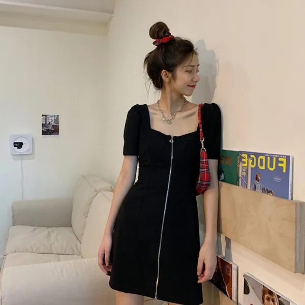 소금기가 있고 단 키에 키가 커 보이는 여신 스타일의 옷 블랙 스퀘어 원피스 여 년 여름