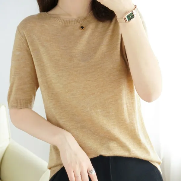 긴팔라운드티셔츠 양털 울셔츠 여성 100 울이 짧다 소매 봄 여름 숏 풀오버니트 얇은 라운드넥 2500343701