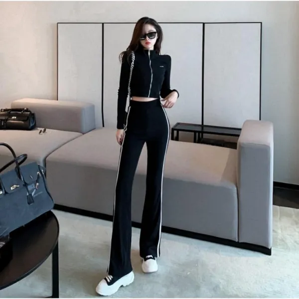 Momolatti 몸을 닦다 집업 쇼트 코트 하이웨이스트 팬츠 슈트