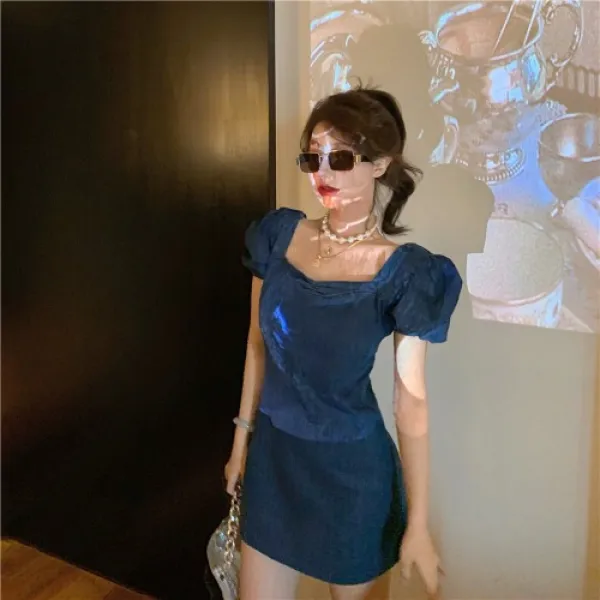 프렌치 복고 소심기 노배 헵번 바람 원피스 여장 여름 허리 잡아 슬림 데님 스커트 스타일링