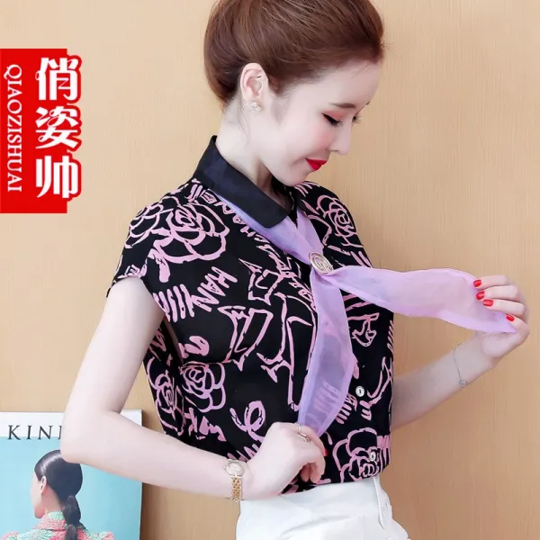 뉴양기 디자인 소중설 방적 블라우스 여장 시류 반팔 티 여 여름