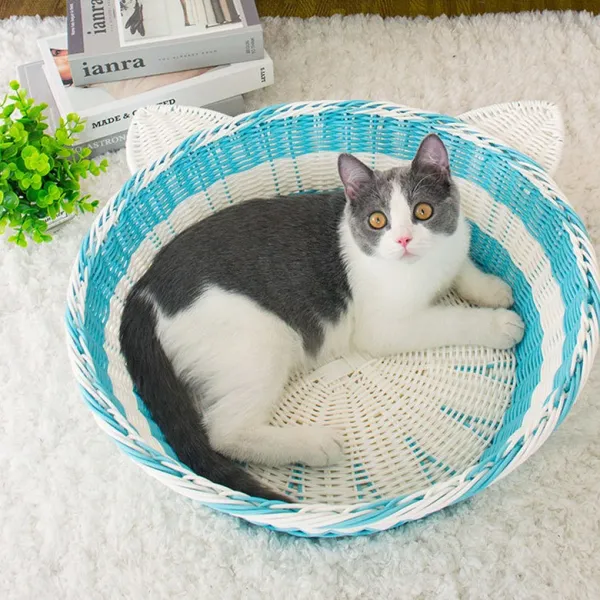 고양이집 강아지집 라탄집 고양이숨숨집 강아지용품할인점 길고양이집 개집만들기 강아지더위 고양이더위, 간단한 파란색과 흰색 고양이 귀