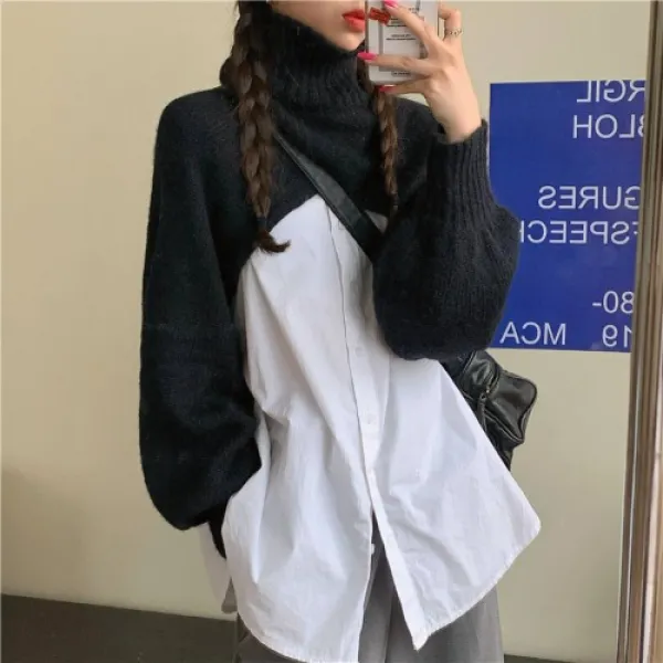 사랑 복종함 미적 겨울 가을 목폴라 겹치다 스웨터를 입다 코트 여성 와이드 루즈핏 디자인 감명받다