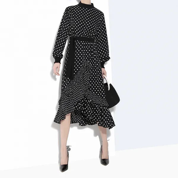 패션이루 러플 도트 원피스 롱 미시 언발 긴팔 하객룩 슬림핏