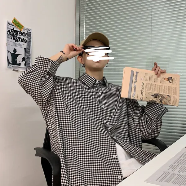 체크난방 남자 PURE 홍콩풍 흐름 멋진 와이셔츠 긴소매 건달 멋지다