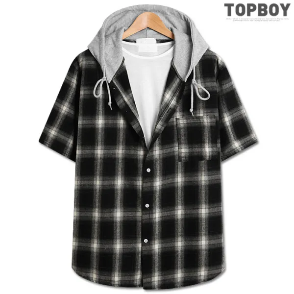 탑보이 블랙홀 체크후드 오버핏 반팔셔츠 (DO418)