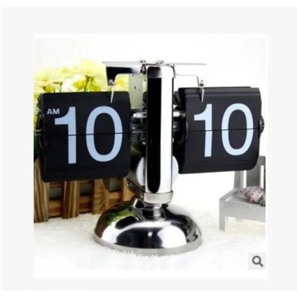 플립 디지털 시계 소규모 테이블 시계 레트로 플립 시계 스테인레스 스틸 플립 내부 기어 운영 석영 시계 홈 장식 8 인치 + 한쪽 발 블랙