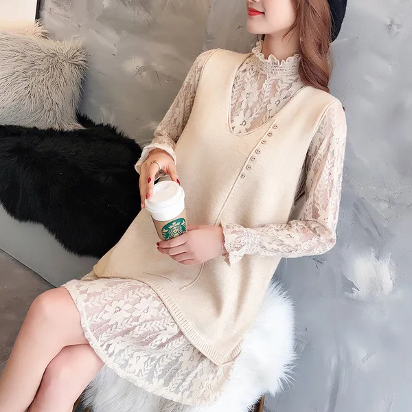 스마트셀러 크래플 여성 롱레이스 니트 조끼 코디 세트