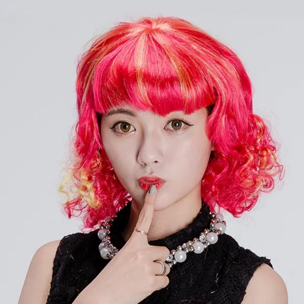 POOKAS 큐티걸 코스프레 가발 레드 단발 머리 코스튬 파티가발