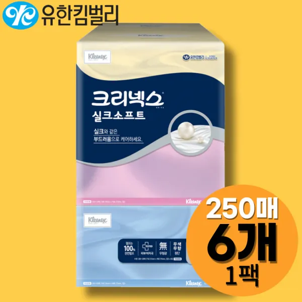 크리넥스 실크소프트 미용티슈 천연펄프 2겹 250매, 6개입, 1개