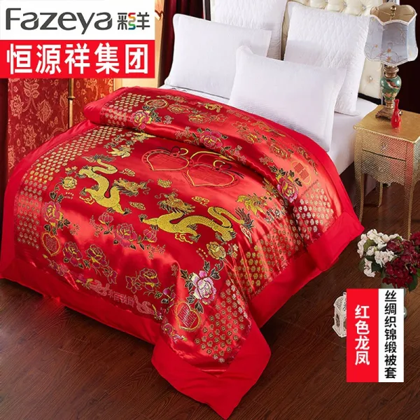 항원상 비단 혼례 이불커버 단품 결혼 이불 겉감 백자 용봉도 희 실크 적록 웨딩, 레드 용과 봉황 새로운 모델