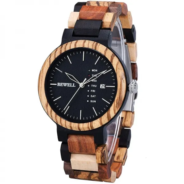 남성 시계 Bewell 다채로운 나무 시계 남성 우드 시계 일본 제 쿼츠 수제 요일 및 날짜 표시 경량 천연
