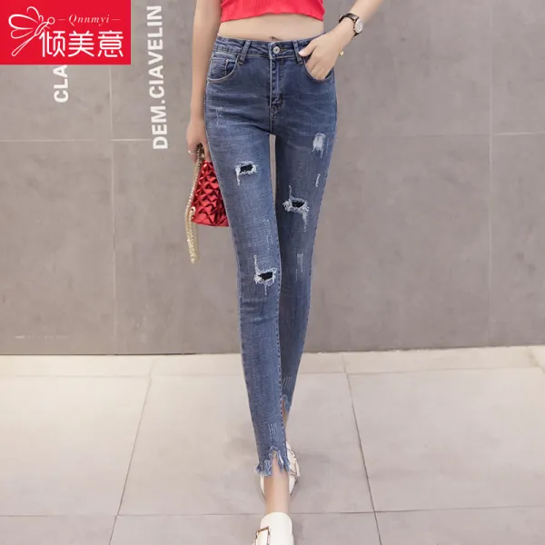 데미지 청바지 여자 봄가을 슬림핏 CHIC 하이웨스트 둥근환 스키니 롱 팬츠