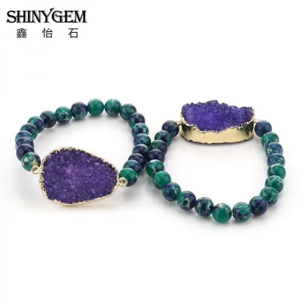 Shinygem 요가 천연 석재 팔찌 8mm 푸른 녹색 바다 퇴적물 jaspers 구슬 팔찌 여성을위한 수제 골드 druzy 팔찌