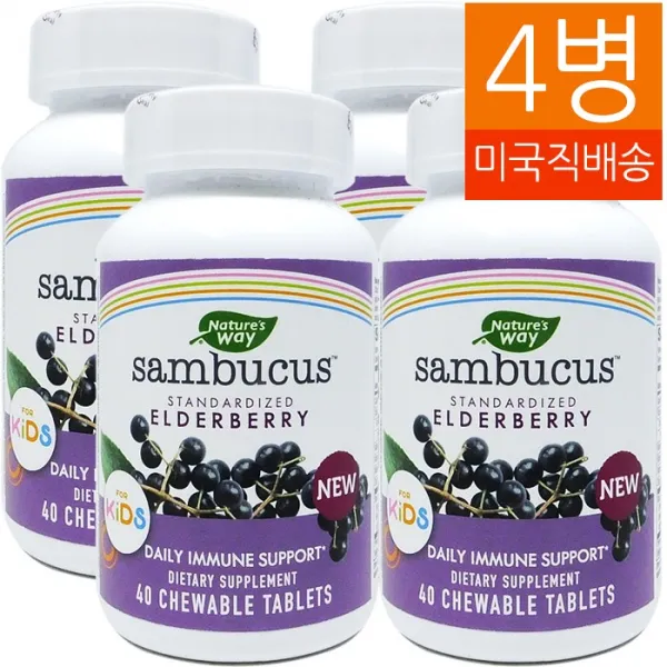 Natures Way 네이쳐스웨이 삼부커스 스탠더다이즈드 엘더베리 어린이 비타민 츄어블 40 타블렛 4병, 40정