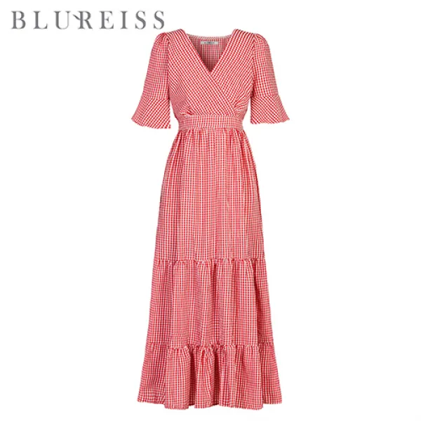  블루레이스 깅엄체크v티어드롱원피스_bim1op4291