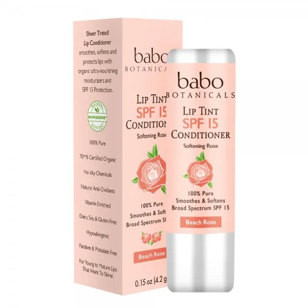 Babo Botanicals 70 + % 유기 색을 칠한 무기물 입술 조절기 SPF 15 물 저항하는 입술 크림 바닷가 로즈-0.15 oz.