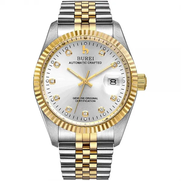 BUREI 사파이어 크리스탈 라인 석 마커와 남성 고급 자동 시계 날짜 표시