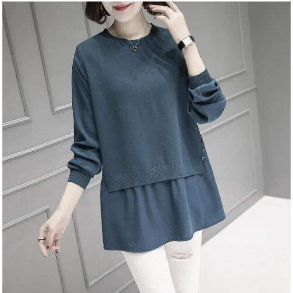 [핀조에] 럭키캣 가을 이중 밑단 니트 간절기 긴팔 블라우스 - cp318