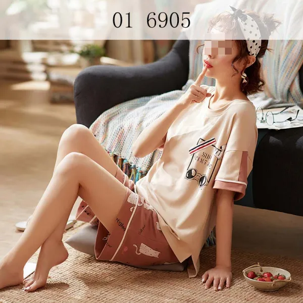 뉴타임인터내셔널 파자마녀 여름 얇은면 춘추상 반팔 쇼트 팬츠 투피스 귀여운 레이디 QH02 A28