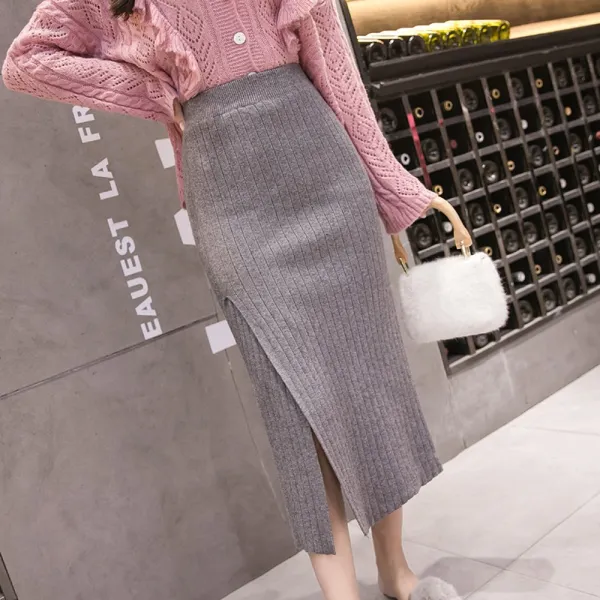 와일드펫 Wps8894 셀크 골지 니트 스커트 허리 밴딩 트임 가을 H라인 롱치마